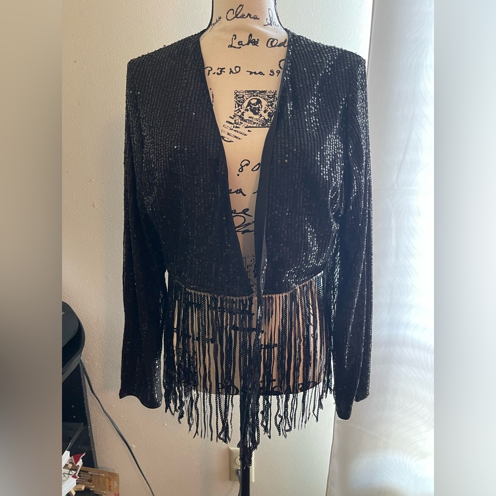 SHEIN Black Sequin Fringe Jacket